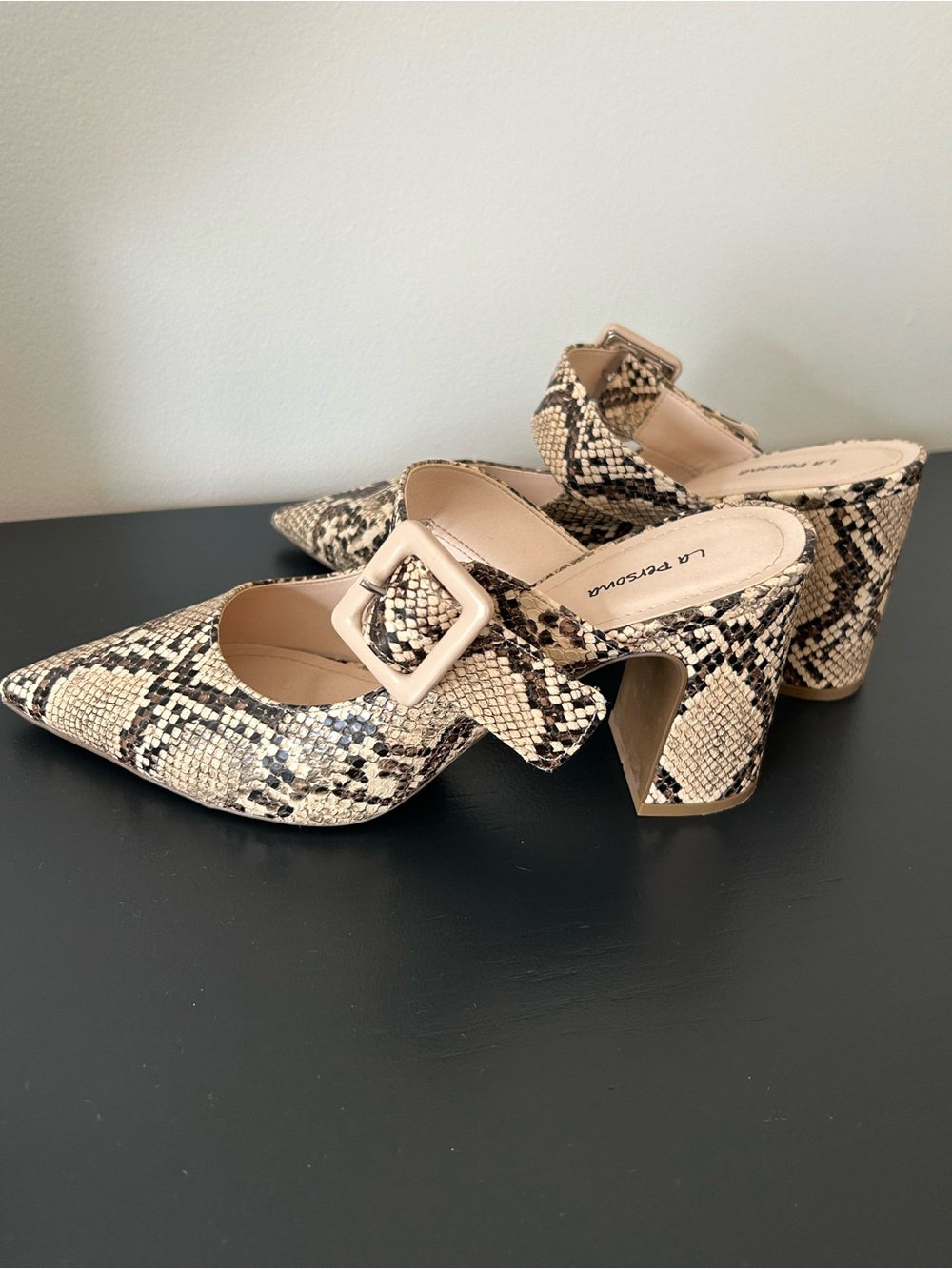Persona Snakeskin Pointed Buckle Block Heel Mules - Beige/Black